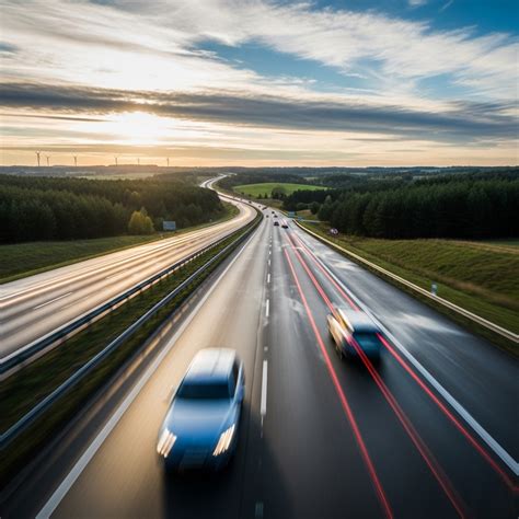 Teminis nuotrauka: Vokietijos autostradoje važiuojantys automobiliai saulėlydyje