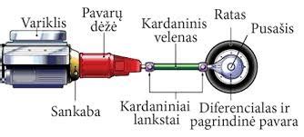 Sankaba, pavarų dėžė, kardaninis velenas, diferencialas ir pusašiai (schema)