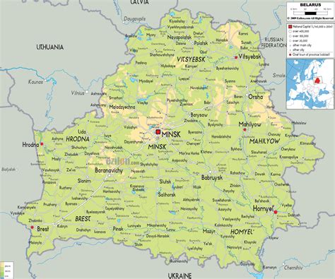 Baltarusijos fizinis žemėlapis, rodantis upes, ežerus ir pelkynus