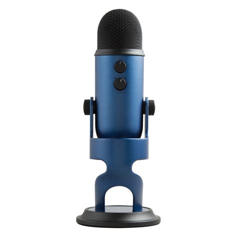 Blue Yeti Midnight Blue mikrofonas ant stovo, demonstruojantis modernų dizainą