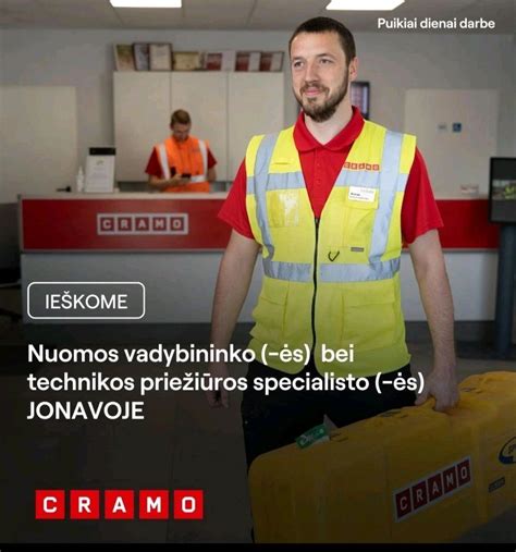 Cramo įmonės logotipas ir įrangos nuotrauka