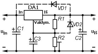 Schema: Linijinio įtampos stabilizatoriaus su mikroschema jungimo schema