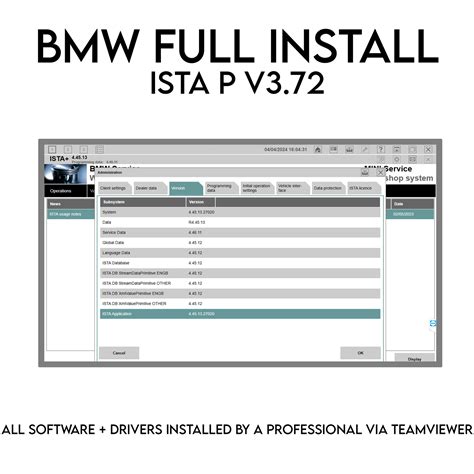 BMW diagnostikos įrankio (pvz., ISTA P) ekrano vaizdas, rodantis programinės įrangos versijas
