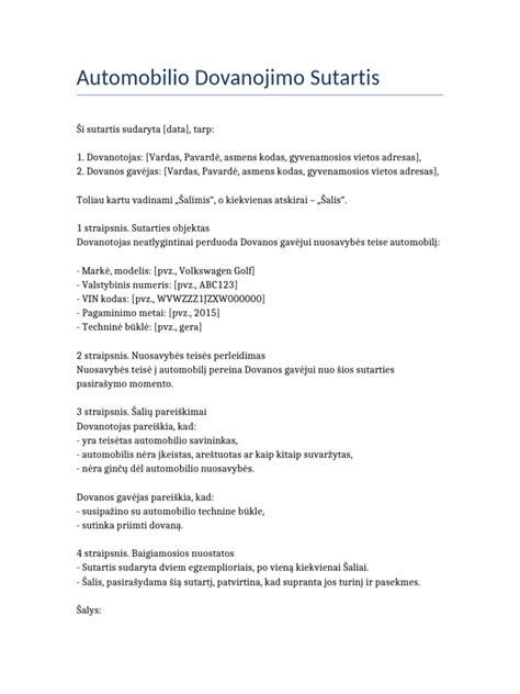 Schema, iliustruojanti automobilio dovanojimo sutarties struktūrą su pagrindiniais punktais