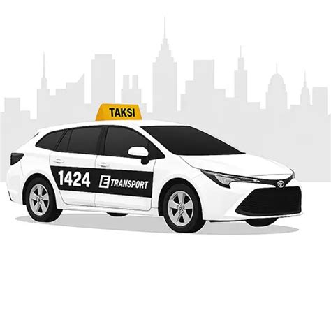 Taksi automobilis su ETRANSPORT logotipu mieste