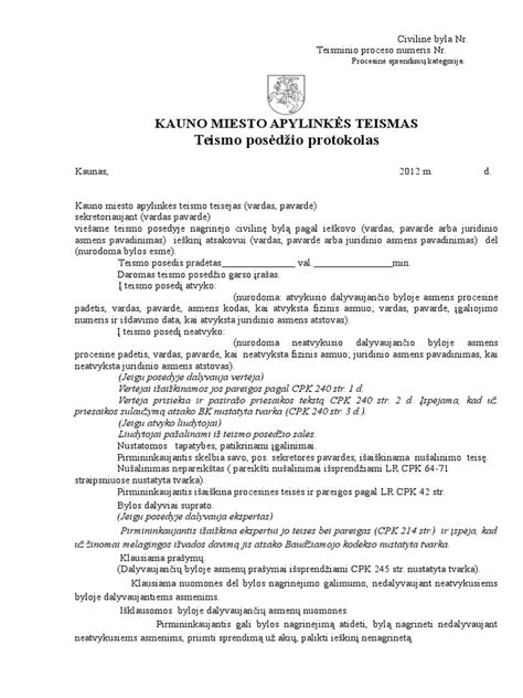 Teismo posėdžio iliustracija su dokumentais ir teisiniais terminais