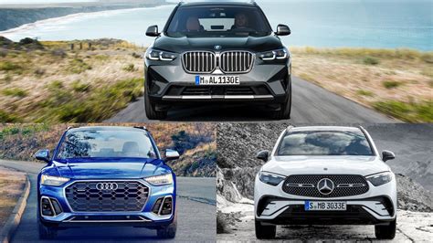 Trys vidutinio dydžio vokiški SUV (Audi Q5, BMW X3, Mercedes-Benz GLC) važiuojantys bekele