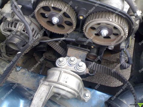 Schematinis Peugeot 307 SW 2.0L variklio vaizdas, pabrėžiantis paskirstymo diržo ir susijusių komponentų vietą