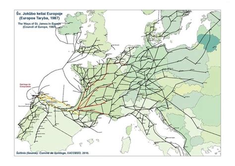 Žemėlapis: Šv. Jokūbo kelias Europoje, su pažymėtais pagrindiniais maršrutais