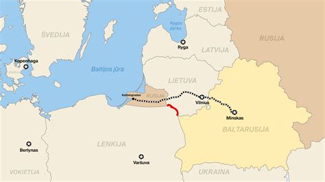 Schematinis žemėlapis, rodantis Kaliningrado srities tranzito koridorių per Lietuvą