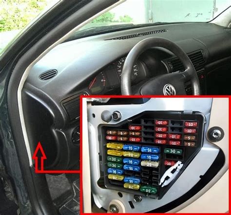 Thema: VW Passat B5 Sicherungskasten oder der Bereich unter dem Armaturenbrett, wo der Sicherungskasten oft zu finden ist. Detail: Der Fokus liegt auf den Sicherungen, idealerweise mit einer beschrifteten Abdeckung oder einem Diagramm in der Nähe, das die Wischersicherung identifiziert.