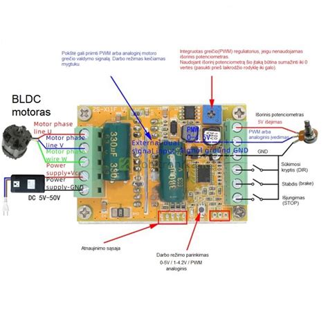 Schema, iliustruojanti XBD-2550 BLDC variklio konstrukciją ir pagrindinius komponentus.