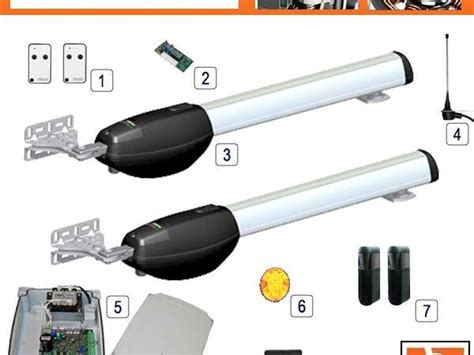 Automatinių kiemo vartų sistemos komponentų infografika (pavara, fotoelementai, valdymo pultelis)