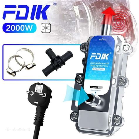 Nuotrauka, demonstruojanti elektrinio variklio šildytuvo komplektą: šildytuvas, laidai, jungtys.