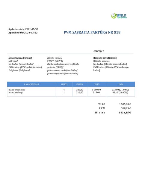 pavyzdys, PVM sąskaitos faktūros pavyzdys tarpvalstybiniams sandoriams