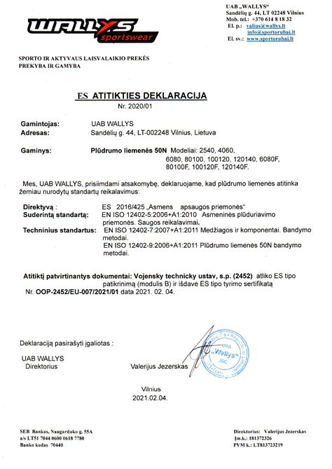 ES atitikties deklaracijos pavyzdys vilkimo kabliui