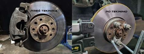 Nuotrauka su stipriai pažeistu stabdžių disku, nudilusiu iki metalo ir net stūmokliuko