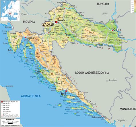 Žemėlapis su pagrindiniais Kroatijos nacionaliniais parkais ir istoriniais miestais