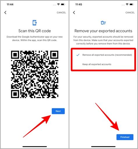 A step-by-step diagram illustrating the process of exporting Google Authenticator accounts via QR code from an old device and importing them to a new one.