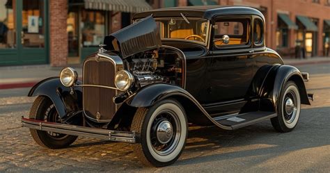 Teminis Ford automobilių istorijos ir inovacijų koliažas, su Ford T modeliu ir moderniais automobiliais