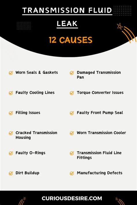 An infographic showing the importance of proper transmission fluid and common causes of low fluid levels (leaks).