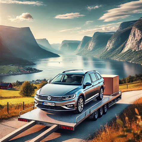Automobilis Norvegijos kalnų kelyje, pabrėžiant saugumą ir techninę priežiūrą