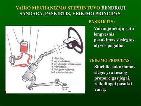 schematinis vairo mechanizmo pavaizdavimas su pagrindiniais komponentais