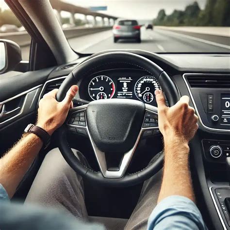 Vairuotojo rankų padėtis ant vairo: 9 ir 3 valandos pozicijos.