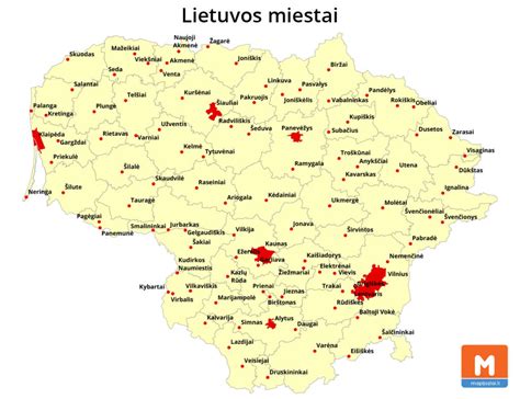 Žemėlapis su svarbiausiais Lietuvos miestais, kur gaunami ministerijų skelbimai
