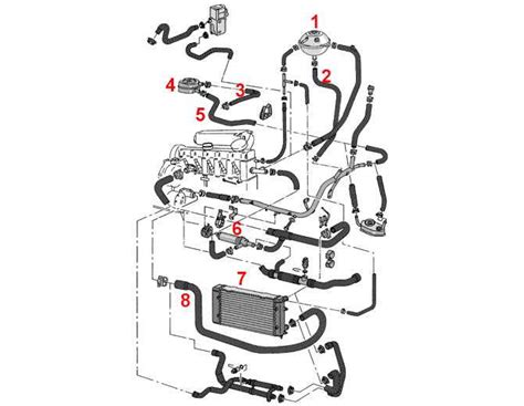 VW Transporter variklio skyriaus schema su generatoriaus diržu