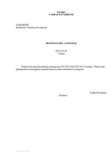 Vairuotojo atostogų prašymo formos pavyzdys