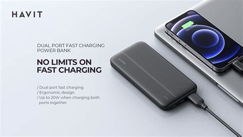 The Havit Power Bank on a table next to a smartphone and tablet, illustrating various charging ports and a sleek design.