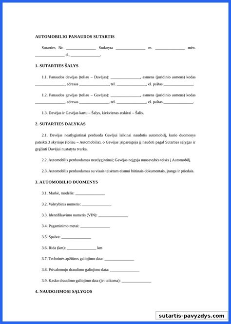 Schema, iliustruojanti pagrindinius automobilio panaudos sutarties punktus ir šalių atsakomybes.