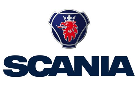 Scania logotipas ir modernių vilkikų flotilė