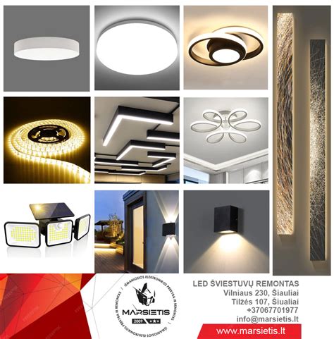 Nuotrauka, demonstruojanti skirtingus LED šviestuvų tipus ir jų panaudojimą
