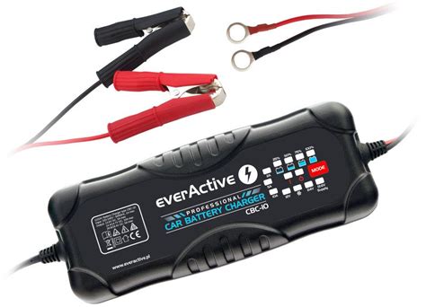 EverActive CBC-10 įkroviklio iliustracija su pagrindinėmis funkcijomis