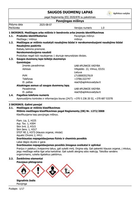 Tepalo techninių duomenų lapo (TDS) pavyzdys