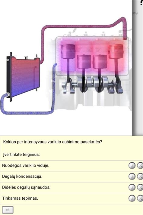 schema, iliustruojanti variklio aušinimo sistemos veikimą esant per žemai temperatūrai dėl atviros padėties termostato