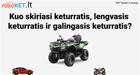 Lietuvoje važiuojantys trijų tipų keturračiai motociklai: lengvasis, keturratis ir galingasis. Infografika apie skirtumus pagal masę, galią, greitį, amžių ir vairavimo kategoriją.