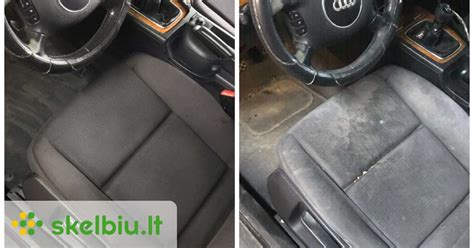 Schema, iliustruojanti automobilių salono cheminio valymo procesą, pabrėžiant skirtingų paviršių valymą ir naudojamą įrangą.