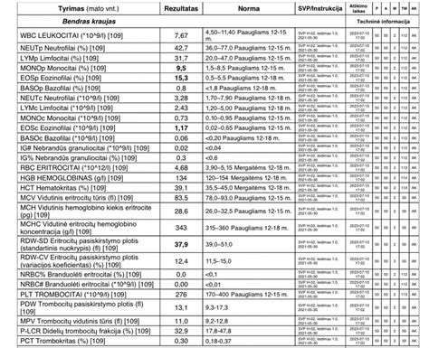 schematiškas kraujo tyrimo rezultatų pavyzdys