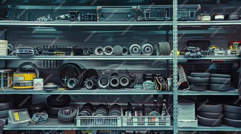 Thematic photo of various car parts, neatly arranged on a shelf