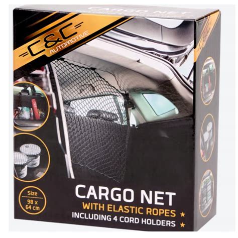 Bagažinės tinklas su Velcro užsegimu, demonstruojantis kišenes ir tvirtinimą