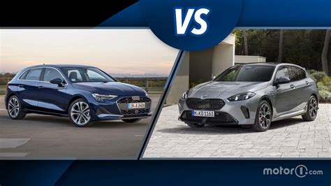 modernių kompaktinių Audi A3, BMW 1 serijos ir Mercedes A klasės automobilių palyginimo infografika