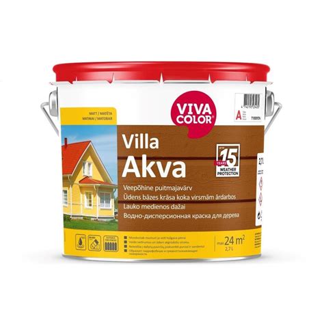 The Vivacolor Villa Akva product line, showcasing paint cans and various color options for wooden surfaces.