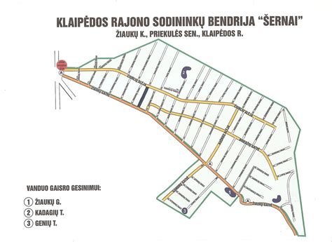 Sodininkų bendrijos teritorijos schema: sklypai, bendrojo naudojimo žemė, keliai ir infrastruktūros objektai