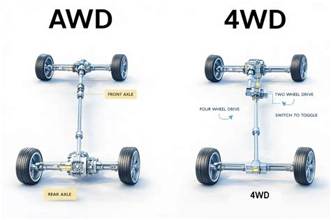 Schema: palyginamoji visų varomųjų ratų pavarų (AWD vs 4WD) vizualizacija