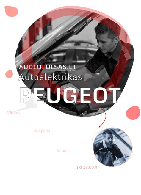 Vaizdinė iliustracija su įvairiomis Peugeot automobilio detalėmis