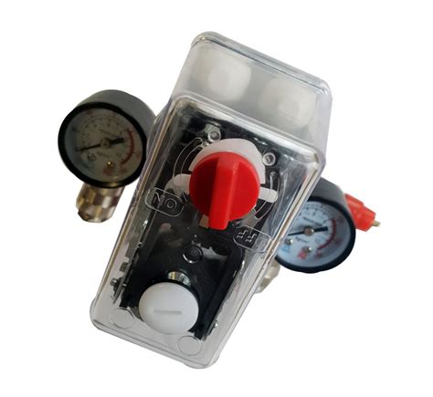 scheminė pneumatinio alyvos keitiklio su slėgio matuokliu ir skaidriu baku iliustracija