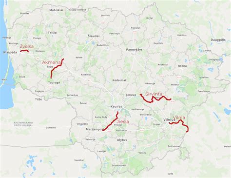 Žemėlapis, vaizduojantis 155 km ilgio bandymų trasą degalų sąnaudų matavimui.